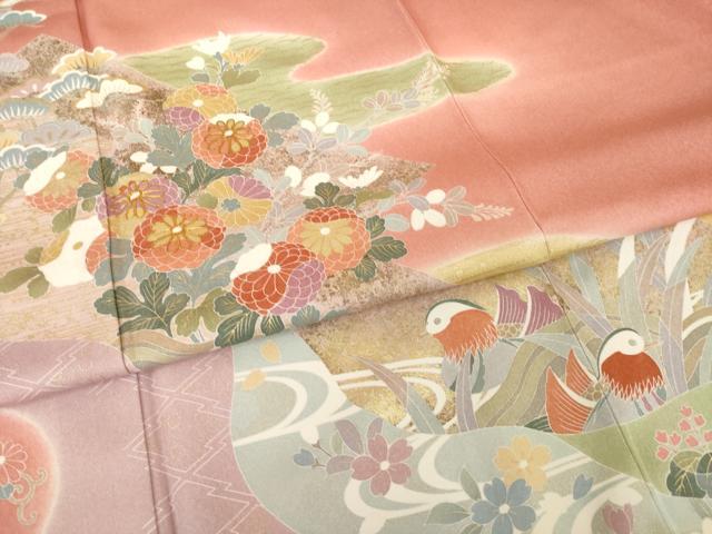 平和屋着物●訪問着 駒刺繍 流水鴛鴦花文 暈し染め 金彩 正絹 逸品 AABI4557ck
