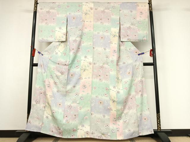 平和屋着物▽上質な小紋 単衣 更紗花鳥文 暈し染め 金彩 正絹 逸品 AABI4564jh
