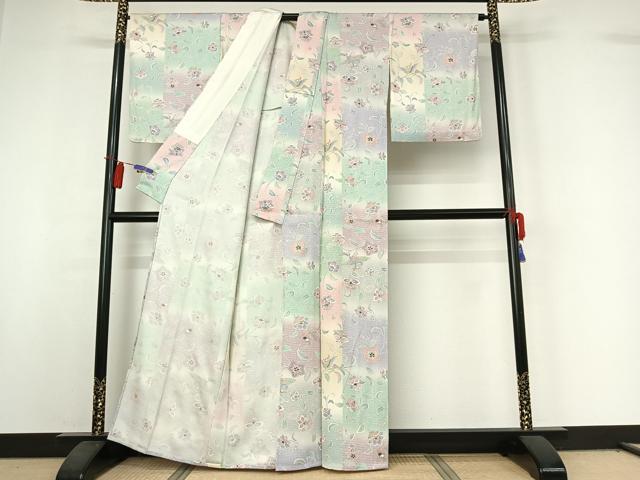 平和屋着物▽上質な小紋 単衣 更紗花鳥文 暈し染め 金彩 正絹 逸品 AABI4564jh