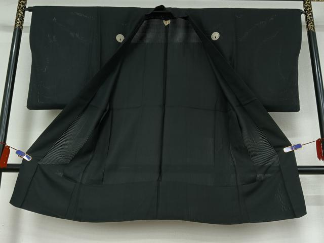 平和屋着物▽男性 黒紋付 長羽織 スリーシーズン 春夏秋 塵除け 暗黒色 黒地 正絹 逸品 AABI4589jh