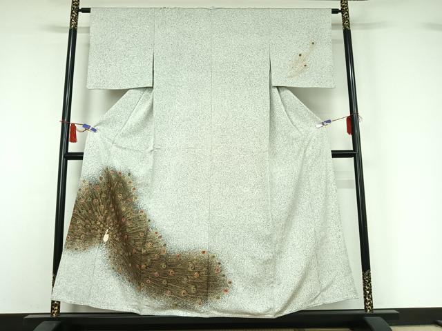 平和屋着物▽訪問着 単衣 孔雀羽文 たたき染め 金彩 正絹 逸品 AABI4597jh