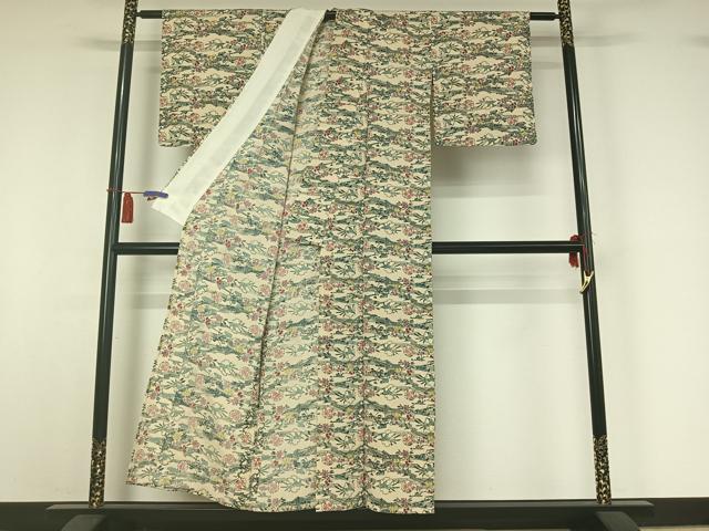 平和屋着物▽上質な小紋 単衣 型染め 雪輪風景花文 正絹 逸品 AABI4619jh