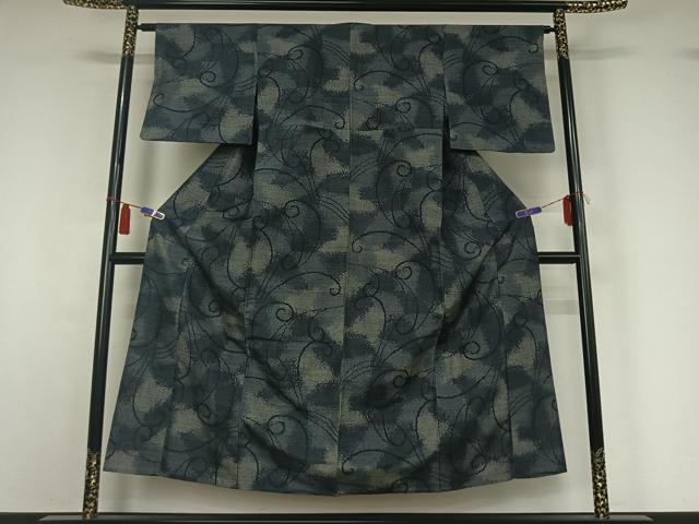 平和屋着物▽上質な紬 単衣 唐草文 黒地 正絹 逸品 AABI4622jh