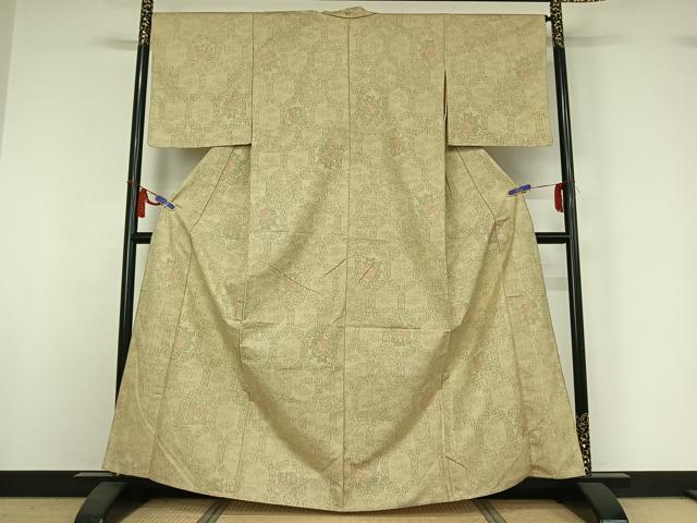 平和屋着物▽上質な紬 単衣 亀甲花文 正絹 逸品 AABI4659jh