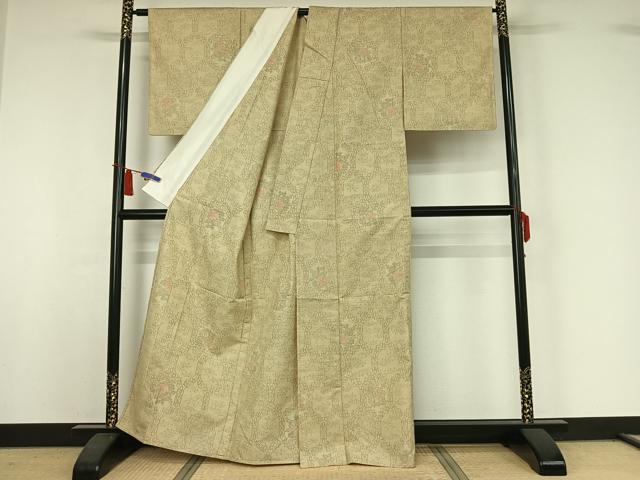 平和屋着物▽上質な紬 単衣 亀甲花文 正絹 逸品 AABI4659jh