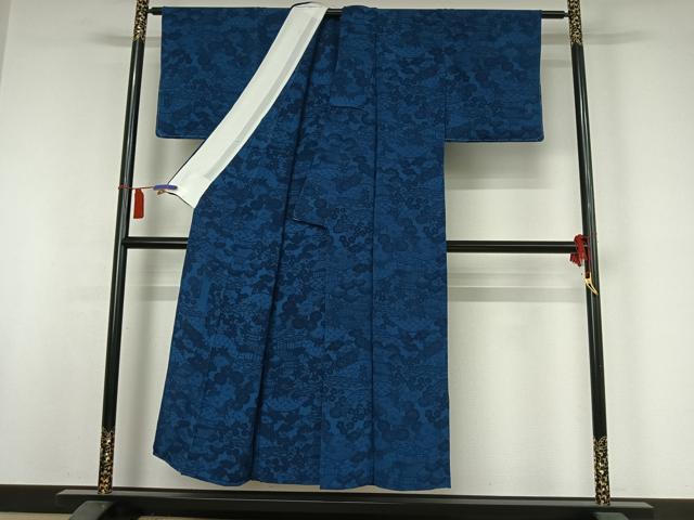 平和屋着物▽阿波藍染 田中昭夫 小紋 単衣 型染め 風景花文 鬼しぼ縮緬 反端付き 正絹 逸品 AABI4662jh