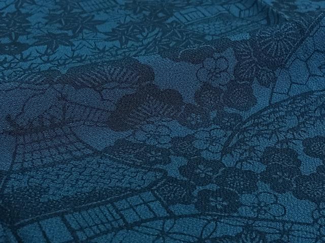 平和屋着物▽阿波藍染 田中昭夫 小紋 単衣 型染め 風景花文 鬼しぼ縮緬 反端付き 正絹 逸品 AABI4662jh