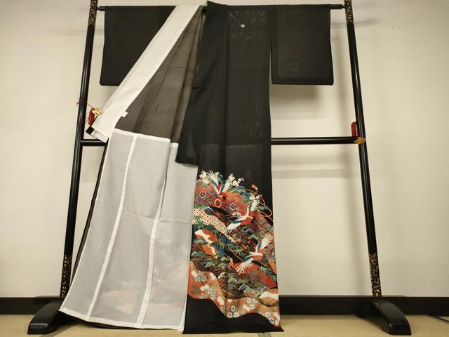 平和屋着物*夏物 黒留袖 絽 地紙花鳥文 金彩 洗える着物 AABI4704jd