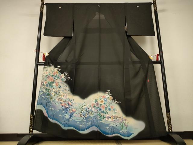 平和屋着物*夏物 黒留袖 絽 友禅 作家物 流水花鳥文 暈し染め 正絹 逸品 AABI4705jd
