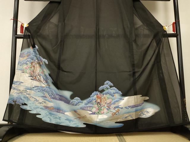 平和屋着物*夏物 黒留袖 絽 立波御所車花文 暈し染め 金銀彩 洗える着物 AABI4720jd