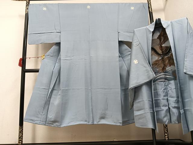 平和屋着物●男性 色紋付・羽織セット 灰青色 正絹 逸品 AABI4801ph