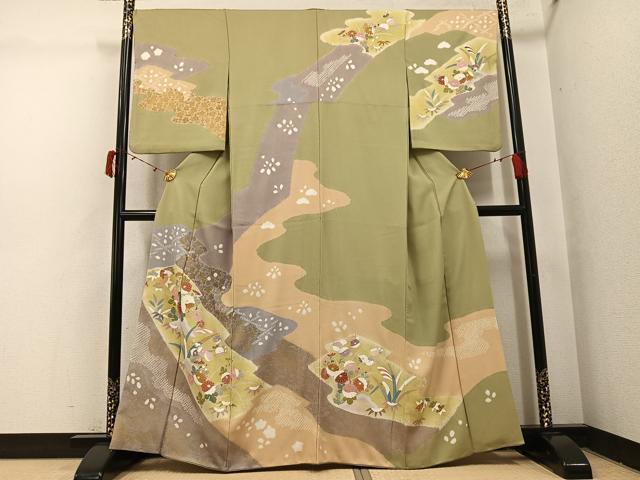 平和屋着物●訪問着 友禅 絞り 草花文 金彩 正絹 逸品 AABI4814ph