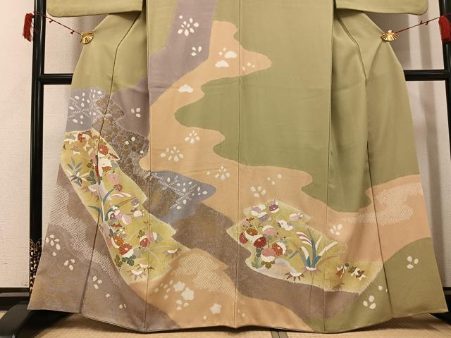 平和屋着物●訪問着 友禅 絞り 草花文 金彩 正絹 逸品 AABI4814ph