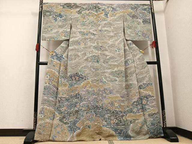 平和屋着物●訪問着 霞取り草花文 鬼しぼ縮緬 正絹 逸品 AABI4837ph