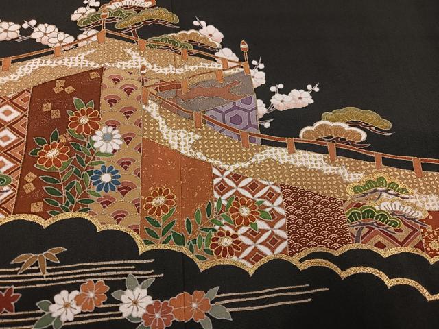 平和屋着物●創業460年・千總 黒留袖 刺繍 松竹梅檜扇草花文 金彩 三越扱い 正絹 逸品 AABI4840ph