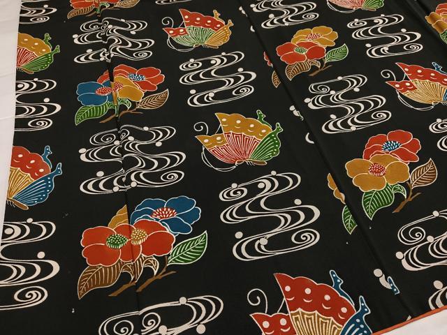 平和屋着物●上質な小紋 流水花蝶文 黒地 正絹 逸品 AABI4842ph
