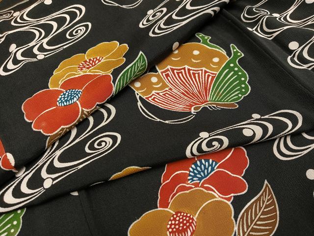 平和屋着物●上質な小紋 流水花蝶文 黒地 正絹 逸品 AABI4842ph