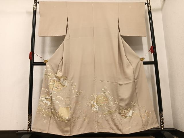 平和屋着物●豪華色留袖 友禅 駒刺繍 松竹梅飛鶴風景草花文 金彩 正絹 逸品 AABI4848ph
