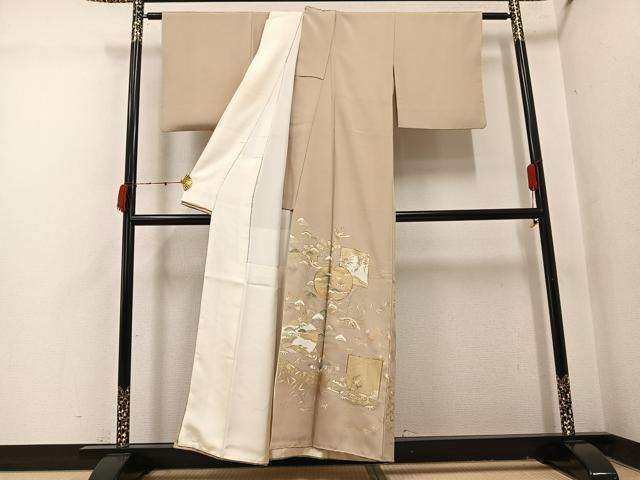 平和屋着物●豪華色留袖 友禅 駒刺繍 松竹梅飛鶴風景草花文 金彩 正絹 逸品 AABI4848ph