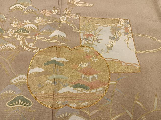 平和屋着物●豪華色留袖 友禅 駒刺繍 松竹梅飛鶴風景草花文 金彩 正絹 逸品 AABI4848ph
