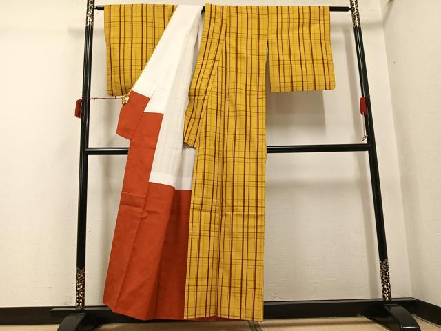 平和屋着物●黄八丈 紬 格子 正絹 逸品 AABI4867ph
