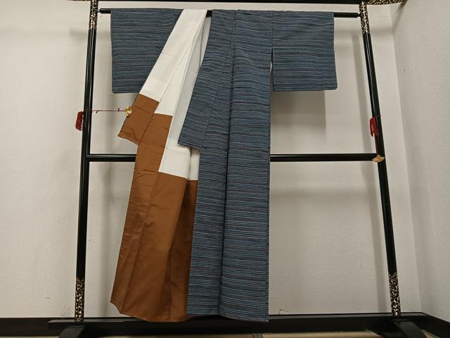 平和屋着物●上質な紬 横段文 正絹 逸品 未使用 AABI4868ph