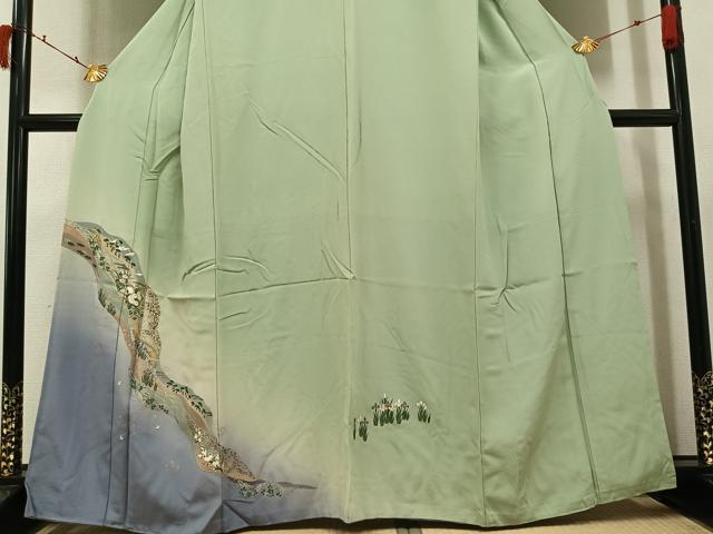 平和屋着物●訪問着 群れ鶴草花文 暈し染め 金彩 正絹 逸品 AABI4873ph