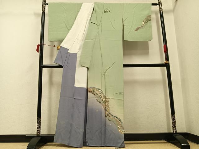 平和屋着物●訪問着 群れ鶴草花文 暈し染め 金彩 正絹 逸品 AABI4873ph