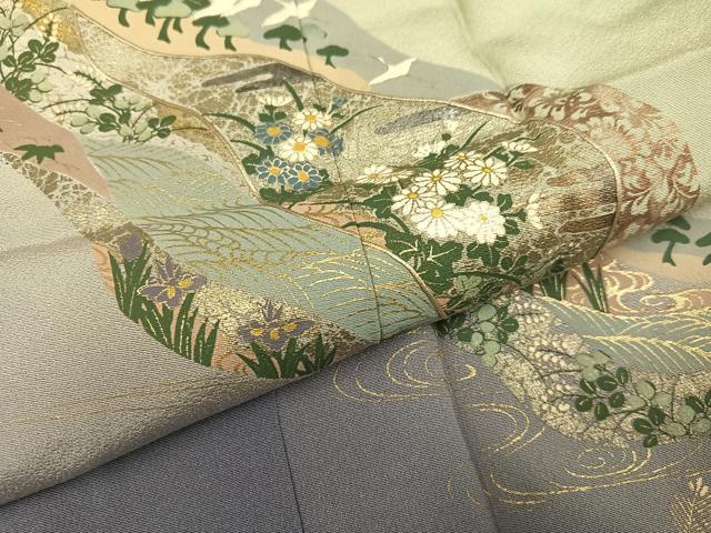 平和屋着物●訪問着 群れ鶴草花文 暈し染め 金彩 正絹 逸品 AABI4873ph
