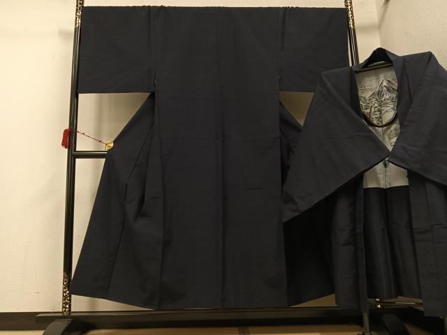 平和屋着物●男性 紬 アンサンブル 色無地 藍鉄色 正絹 逸品 AABI4879ph