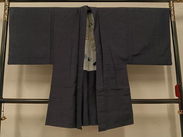 平和屋着物●男性 紬 アンサンブル 色無地 藍鉄色 正絹 逸品 AABI4879ph