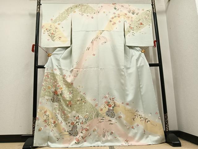平和屋着物●訪問着 友禅 駒刺繍 花車文 金彩 正絹 逸品 AABI4885ph
