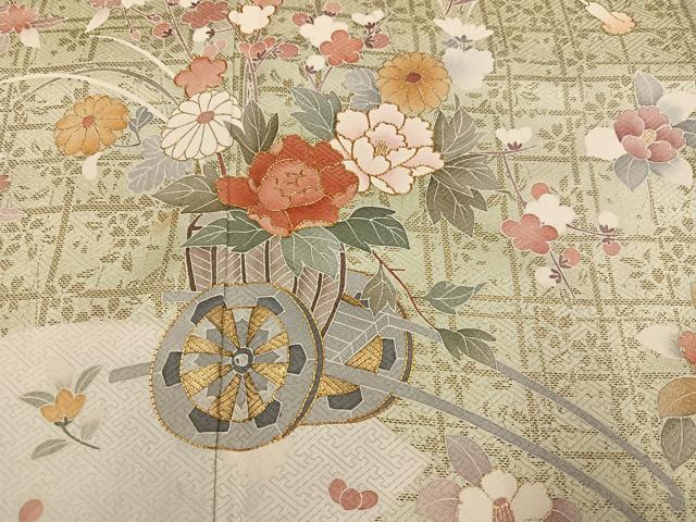 平和屋着物●訪問着 友禅 駒刺繍 花車文 金彩 正絹 逸品 AABI4885ph