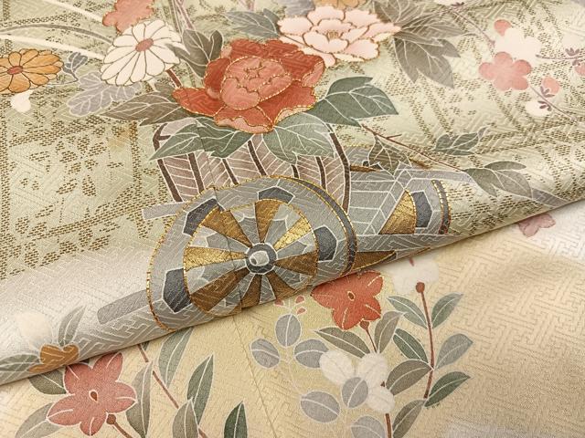 平和屋着物●訪問着 友禅 駒刺繍 花車文 金彩 正絹 逸品 AABI4885ph