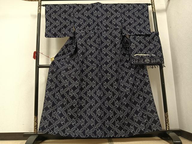 平和屋着物●久留米絣 単衣 伝統紬織 反端付き 綿 逸品 AABI4916ph