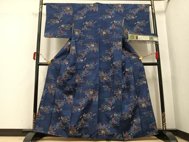 平和屋着物●小千谷紬 風景草花文 証紙付き 正絹 逸品 未使用 AABI4925ph