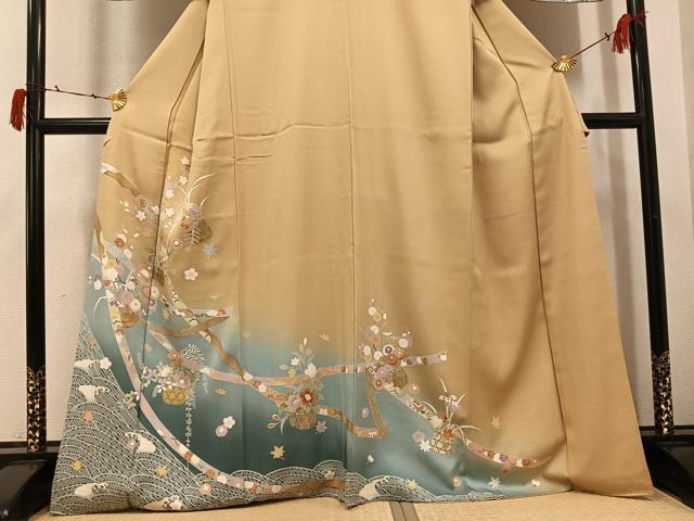 平和屋着物●訪問着 駒刺繍 花篭文 暈し染め 金彩 正絹 逸品 AABI4927ph