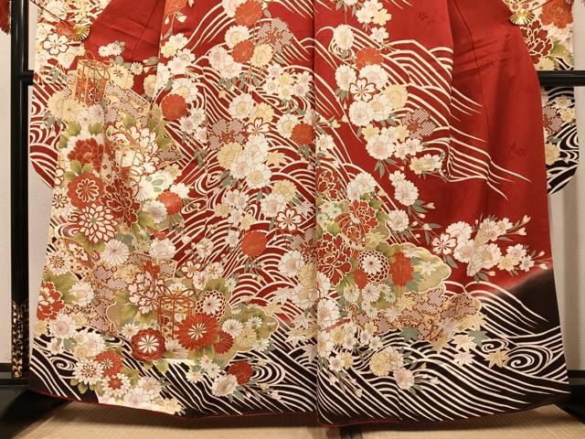 平和屋着物●豪華振袖 刺繍 貝桶花文 暈し染め 金彩 正絹 逸品 AABI4931ph
