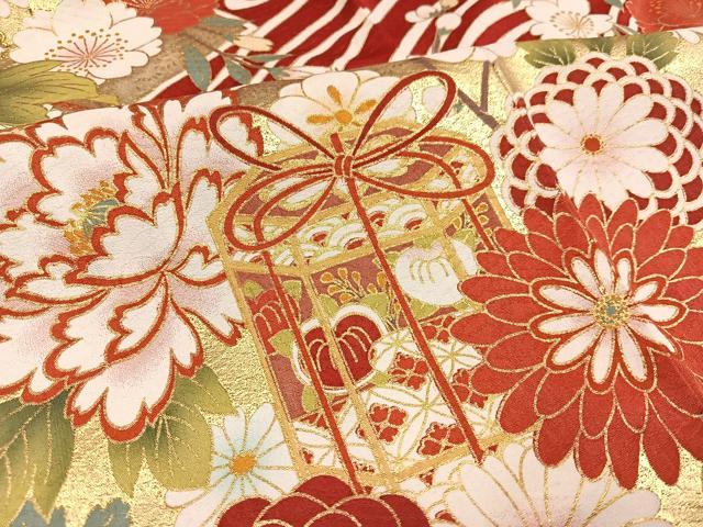 平和屋着物●豪華振袖 刺繍 貝桶花文 暈し染め 金彩 正絹 逸品 AABI4931ph