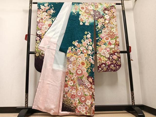 平和屋着物●豪華振袖 刺繍 吉祥花文 暈し染め 金彩 正絹 逸品 AABI4932ph