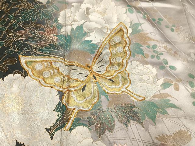 平和屋着物●豪華振袖 駒刺繍 花蝶文 暈し染め 金銀彩 正絹 逸品 AABI4935ph