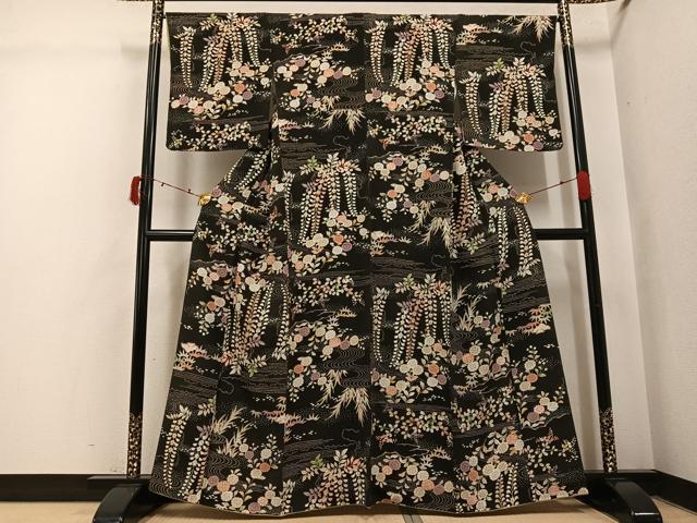 平和屋着物●上質な小紋 摺型友禅 流水草花文 黒地 金彩 正絹 逸品 AABI4947ph