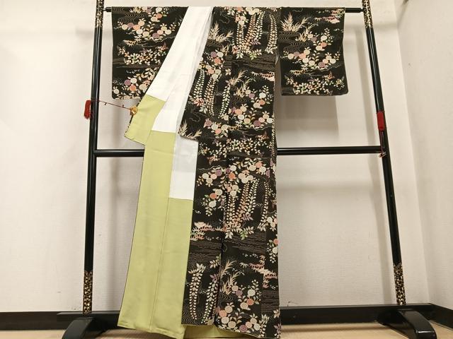 平和屋着物●上質な小紋 摺型友禅 流水草花文 黒地 金彩 正絹 逸品 AABI4947ph