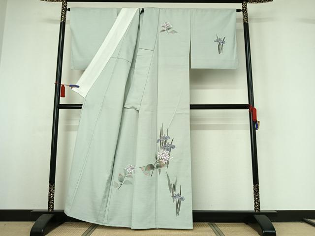平和屋着物▽訪問着 単衣 紬地 手描き 草花文 正絹 逸品 AABI4968jh