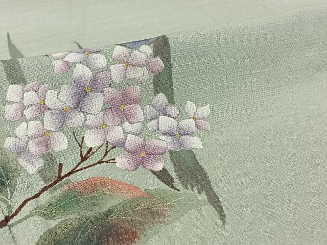 平和屋着物▽訪問着 単衣 紬地 手描き 草花文 正絹 逸品 AABI4968jh