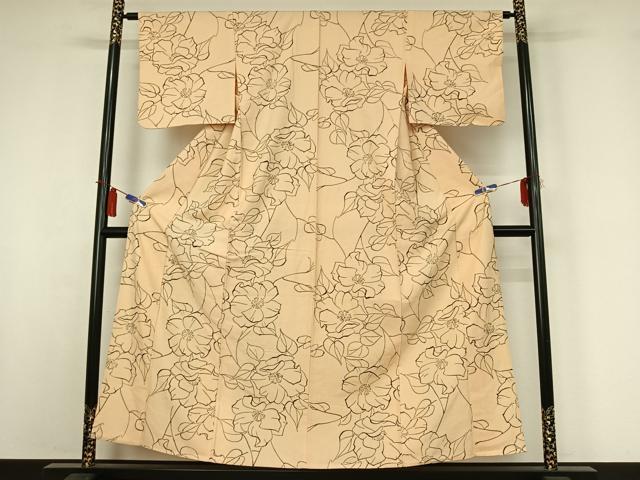 平和屋着物▽上質な紬 単衣 手描き 草花文 正絹 逸品 AABI4975jh