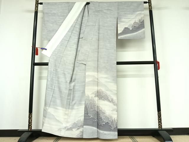 平和屋着物▽石川県指定無形文化財 牛首紬 白山工房 手織り 訪問着 単衣 風景文 暈し染め 正絹 逸品 AABI4982jh