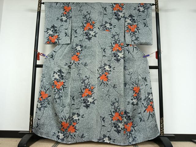 平和屋着物▽上質な小紋 単衣 草花文 たたき染め 正絹 逸品 AABI5004jh