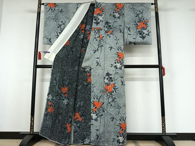 平和屋着物▽上質な小紋 単衣 草花文 たたき染め 正絹 逸品 AABI5004jh