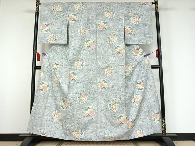 平和屋着物▽上質な紬 単衣 草花文 正絹 逸品 AABI5005jh